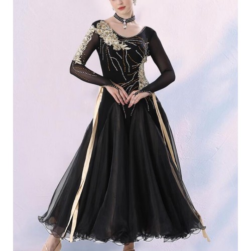 Black with gold embroidered gemstones competition ballroom dance dresses for women girls waltz tango foxtrot mooth dance rhythm ribbon dancing long skirts for female
